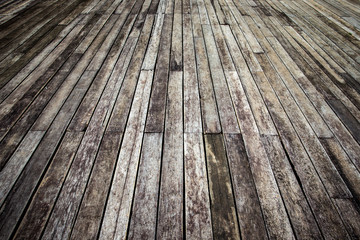 Wide angle view of an old wooden floor close up background.