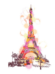 Fototapeta na wymiar Eiffel Tower. Watercolor Illustration. 