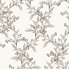 Floral Seamless Pattern with Berries. Hand Sketched Background.