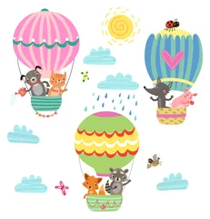 Fotobehang Dieren in luchtballon Dieren vliegen in een heteluchtballon. Illustratie