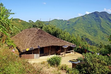 Fototapeta na wymiar Wodden long house in Longwa tribal village, Mon, Nagaland, India, Myanmar