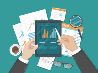 Businessman work with graphs on the tablet screen.  Auditing, accounting, analysis, analytics. Documents, report, calendar, magnifier, coffee. Top view. Vector illustration Top view