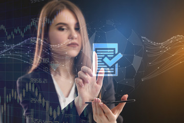 The concept of business, technology, the Internet and the network. A young entrepreneur working on a virtual screen of the future and sees the inscription: