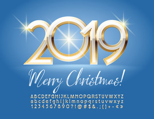 Vector Exclusive Merry Christmas 2019 Greeting Card with Chic Font. Golden and White Alphabet Letters and Symbols