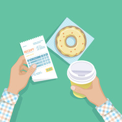 Paper receipt in man hand, coffee to go, donut. Restaurant bill paying. Customer's payment for cafe service. Cashier check, invoice, order. Money for goods and services. Vector illustration