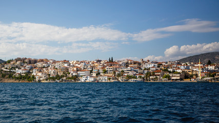 Naklejka na ściany i meble View of Ermioni island, yacht marina and the Aegean sea, Greece.