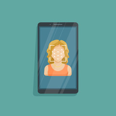 Face recognition and identification,  concept. Face ID, face recognition system, mobile app. Phone with biometric identification woman's face on the screen. Vector illustration  