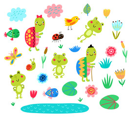 Turtles, frogs, fish, set of vector characters