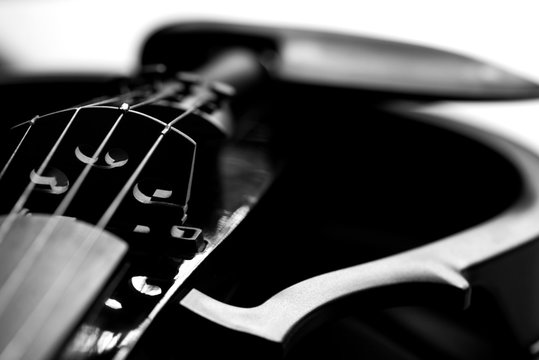 Beautiful black electric violin lying  on a wite background