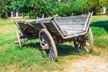 Vintage wooden cart in the village, close up