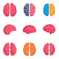 Genius brain icon set. Flat set of genius brain vector icons for web design