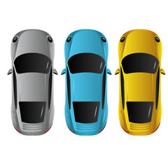 Awesome sports cars top view. Yellow blue and grey car. Vector illustration. Racing game elements.