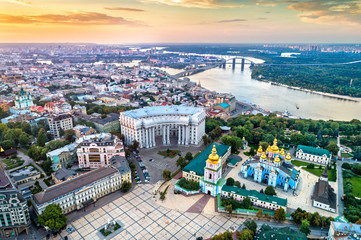 Aerial view of St. Michael Golden-Domed Monastery, Ministry of Foreign Affairs and the Dnieper River in Kiev, Ukraine