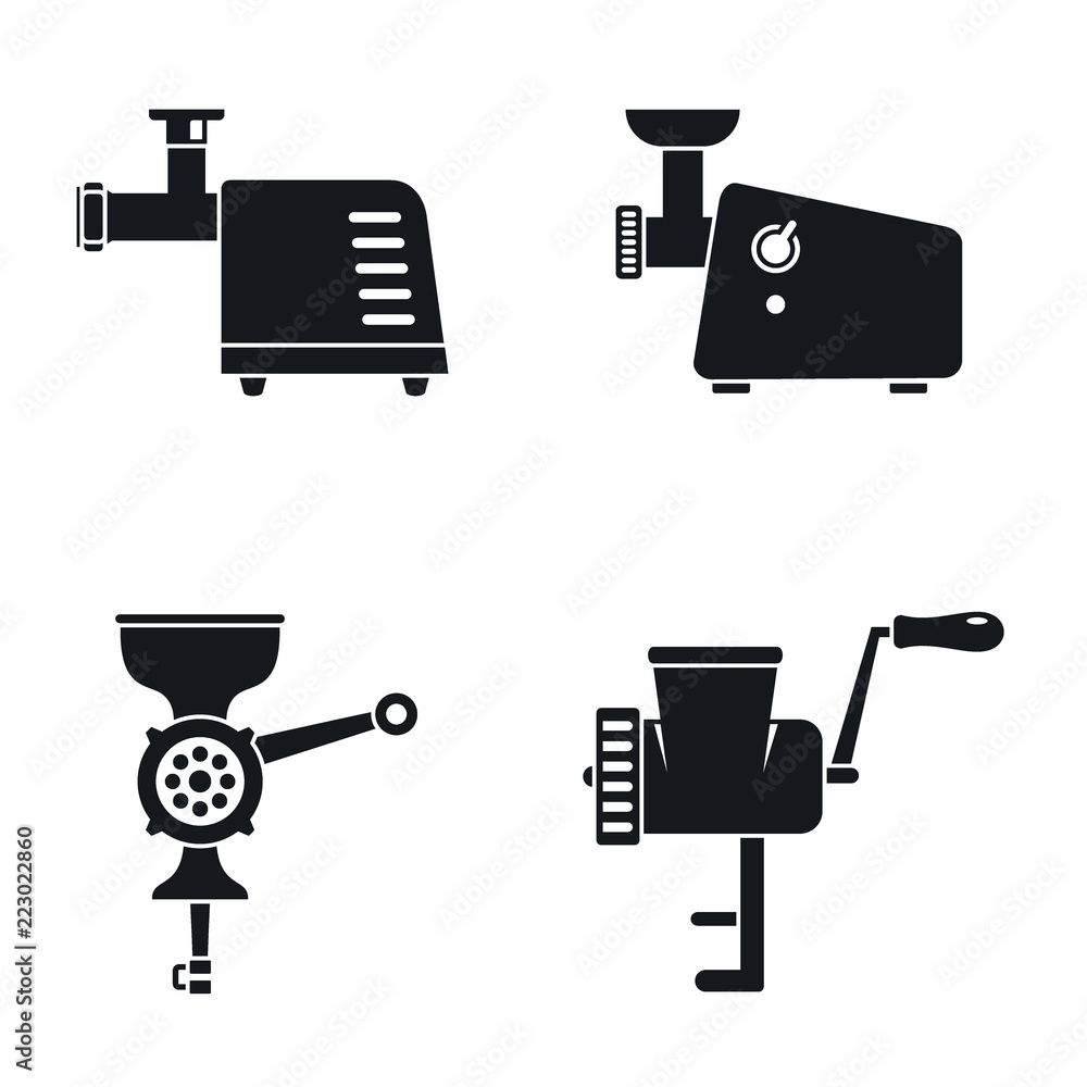 Poster meat grinder machine icon set. simple set of meat grinder machine vector icons for web design on whi