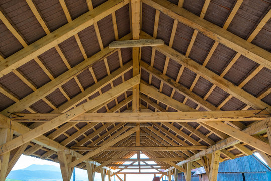 Pine wood  barn roof close up.