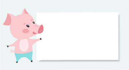 Cute pink pig with blank board. Vector illustration 
