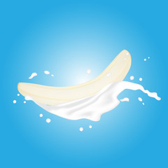 Yellow Peeled Banana without skin. Realistic 3d Banana milk splash. Detailed 3d Illustration Isolated On White. Design Element For Web Or Print Packaging. Vector