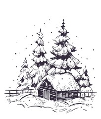 Obraz premium Winter background with house, snow and trees. Hand drawn illustration converted to vector.