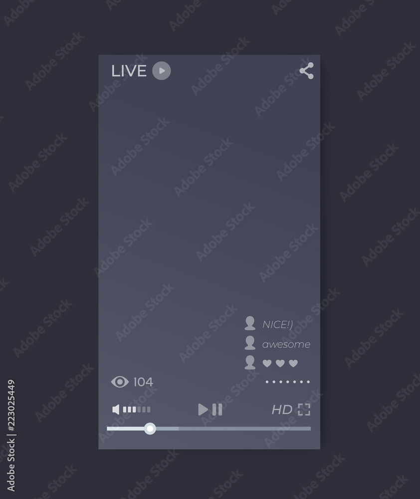 Poster live streaming video player interface, mobile app, vector ui, vertical orientation