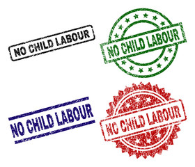 NO CHILD LABOUR seal prints with corroded surface. Black, green,red,blue vector rubber prints of NO CHILD LABOUR tag with scratched surface. Rubber seals with circle, rectangle, rosette shapes.