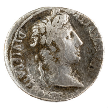 Ancient Roman silver denarius coin of Emperor Augustus. Obverse.