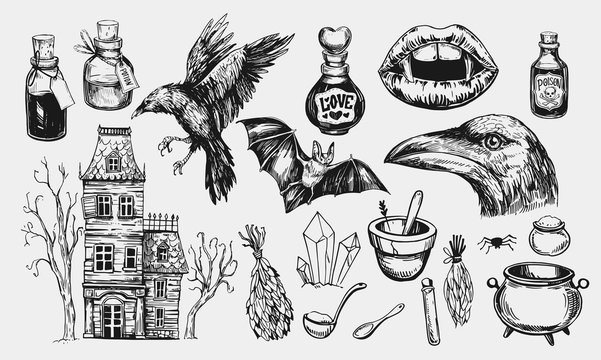 Halloween set with hanted house, raven, potion, bat, vampire mouth. Hand drawn illustration converted to vector