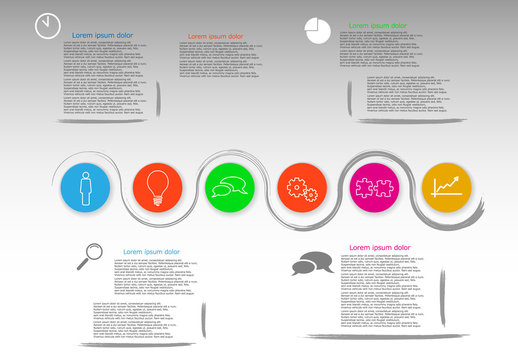 Vector grunge brush line with color icons. Company business infographic illustration