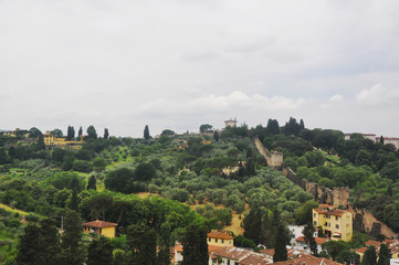 Fototapeta na wymiar Cloudy day over a peaceful Italian city with green vegetation and trees.