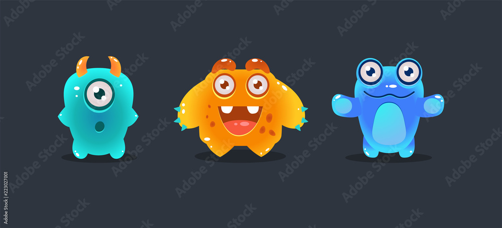 Poster cute colorful monsters, funny cartoon glossy aliens, game user interface element for video computer 
