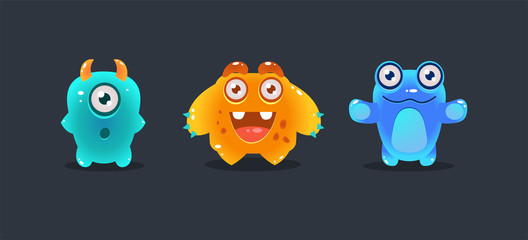 Cute colorful monsters, funny cartoon glossy aliens, game user interface element for video computer games vector Illustration
