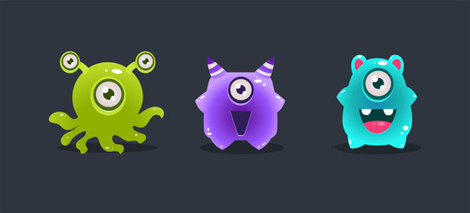 Funny glossy colorful monsters, cute cartoon colorful aliens, game user interface element for video computer games vector Illustration