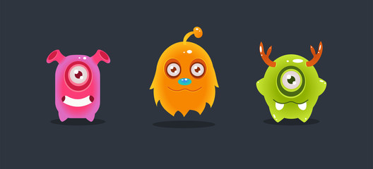 Cute funny colorful monsters, funny aliens, game user interface element for video computer games vector Illustration