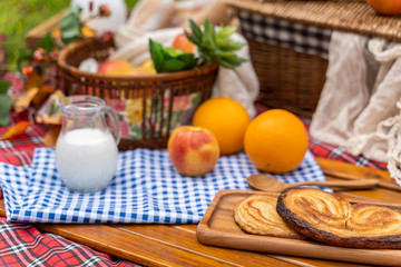 Picnic items setting in a park, have many fruit and bekery