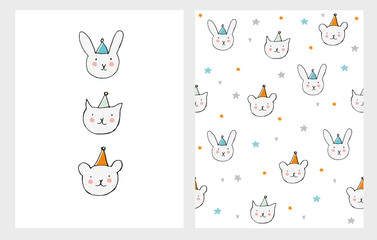 Cute Hand Drawn Little Cat, Bear and Bunny Illustrations. White Background. Bright Irregular Pattern With Pets, Stars and Hearts. Funny Pets in Hats Card. 