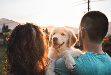 Couple with their puppy dog at sunset. Breed golden retriever