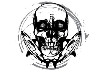 Black and white hand drawn illustration of human skull in a shark