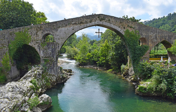 Roman bridge of Cangas de Onis in Asturias Spain...
