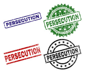 PERSECUTION seal prints with distress texture. Black, green,red,blue vector rubber prints of PERSECUTION title with retro texture. Rubber seals with circle, rectangle, medallion shapes.