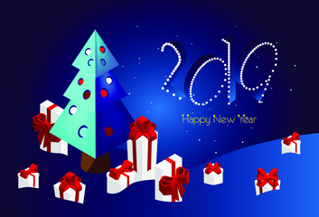 Fototapeta na wymiar Merry Christmas and Happy New Year. Banner for the site. 2019 on a blue background with stars , Christmas trees and gifts. Isometric, 3d