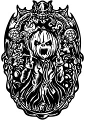 Halloween Scream emblem/ Illustration Halloween black&white emblem with Pumpkin Head Jack inside a frame with a cemetery. Imitation the Scream character 