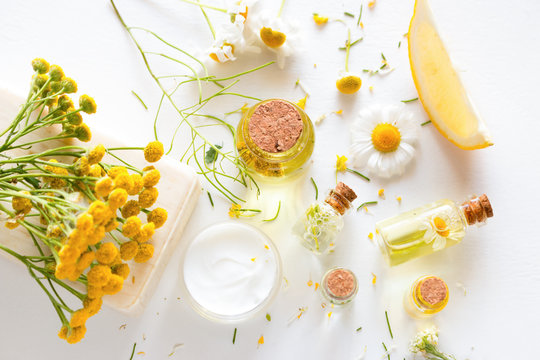 herbal cosmetics with wild flowers on a white background