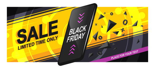 Banner sale for Black Friday. A realistic black smartphone in motion with triangular fragments and details, on a bright background, with circles and diagonal lines. Vector illustration of Eps10.