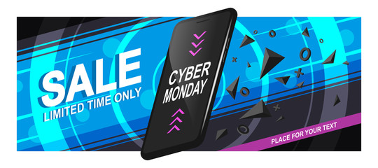 Banner sale for Cyber Monday. A realistic black smartphone in motion with triangular fragments and details, on a bright background, with circles and diagonal lines. Vector illustration of Eps10.