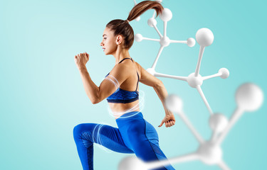 Sporty young woman runing and jumping near molecule chain. - obrazy, fototapety, plakaty