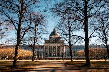 Building of the Bavarian State Chancellery or Bayerische Staatskanzlei with war memorial courtyard,...