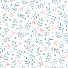 Hand Drawn Foliage and Flowers, Mimicking Embroidery Stitches, on White Background Floral Vector Seamless Pattern