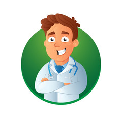 Happy smiling male young online assistance and doctor with crossed arms. Virtual medical consultation and support vector flat illustration isolated on white background. Great for print and web design