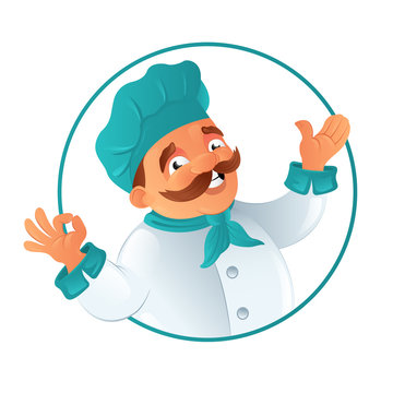 Funny smiling fat mustachioed cook chef in the blue chef's hat round frame. Cartoon vector illustration isolated on white background. Perfect for banner, poster, postcard, advertising and web design