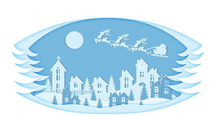 New Year. Christmas. Stylized framework. An image of Santa Claus and deer. Snow, moon, trees, houses, church, Christmas trees. landscapes are cut from blue paper. illustration