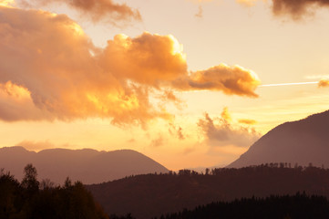 Beautiful sunset over the mountains in Transylvania
